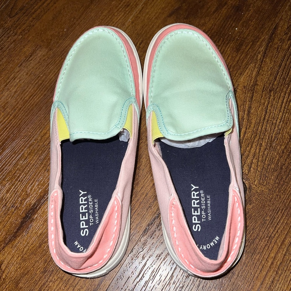 Sperry Colorblock Pink Green Pastel Canvas Slip On Memory Foam Loafers Size 6 - Picture 3 of 11